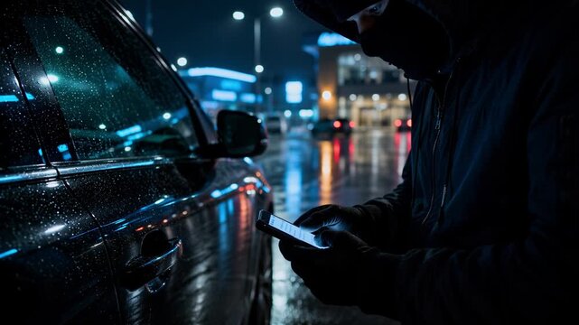 Mysterious hooded thief in a balaclava using a smartphone app to hack and unlock a car in a wet city parking lot at night, illustrating modern high tech vehicle theft and cybercrime