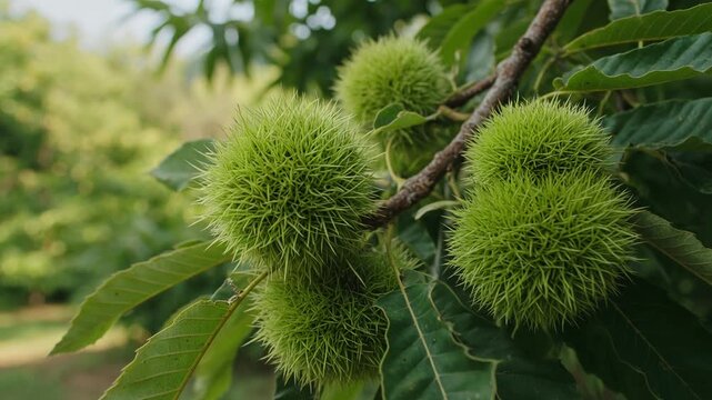 Close up of spiky green, unripe sweet chestnuts hanging on a tree branch and swaying gently in the wind. The immature fruit grows in the forest during the summer before autumn harvest