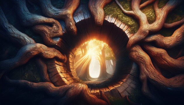 rotting oak portal light piercing ancient bark weathered light