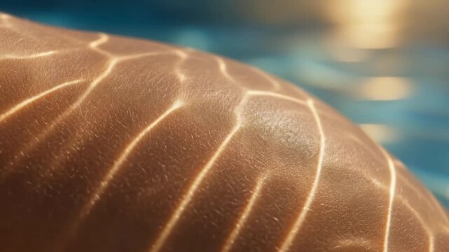 Close up of sunlight reflecting off the water's surface, creating a beautiful caustic light pattern on a person's skin while they relax in a swimming pool on a bright and sunny summer day