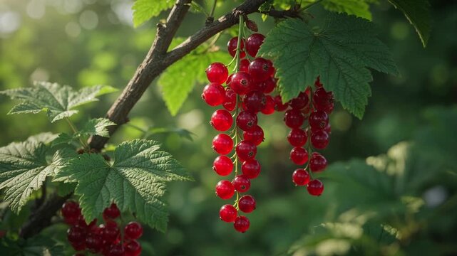 Close up of ripe redcurrant berries hanging on a green bush branch and gently swaying in the summer garden. Healthy, juicy fruit growing in an orchard during the harvest season