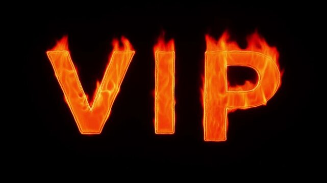 Vip text letters igniting and burning with hot orange flames and bright sparks against a stark black background, symbolizing exclusive access, luxury, and premium important person status