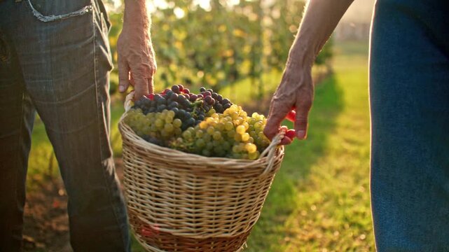 Close up of senior couple hands carrying wicker basket with ripe grapes in vineyard at sunset. Elderly man and woman harvesting fruit on farm. Wine growing and rural lifestyle. Outdoors.