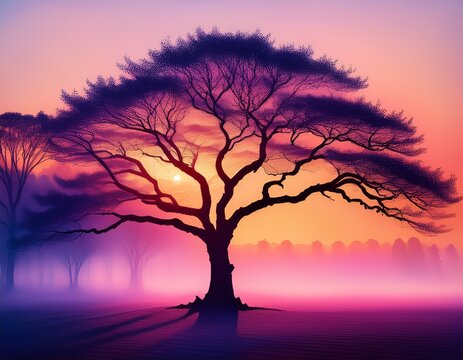 luminous boughs stretch skyward caressed by a hazy dawn a silent reverence from the ground nature silhouette minimalist art