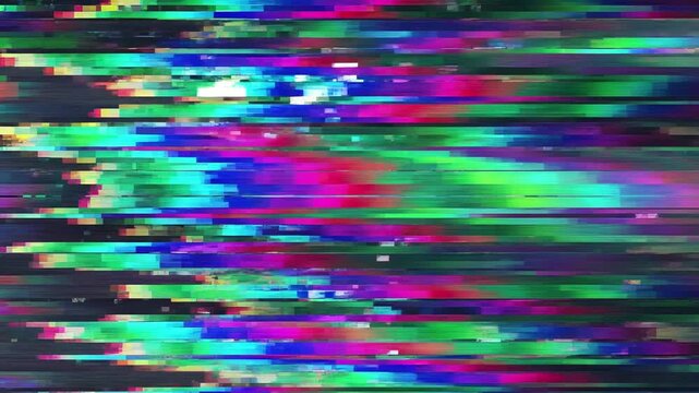 Abstract background of a digital glitch signal with distorted television broadcast and dynamic, colorful pixelated stripes. Unique design for data error, video damage, and bad signal