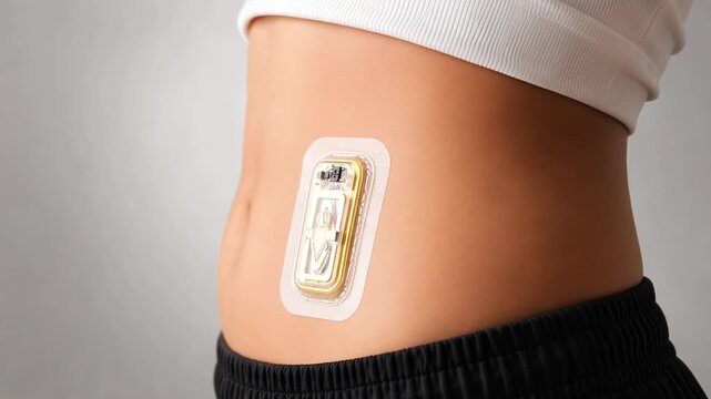 Close up of a diabetic patient wearing a continuous glucose monitor sensor on the abdomen to check blood sugar levels, showing the modern management of diabetes with advanced medical technology