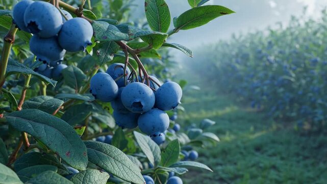 Close up view of a blueberry bush with ripe, fresh berries ready for harvesting. The camera slowly pans across the plantation field during a beautiful, foggy morning, creating a serene atmosphere