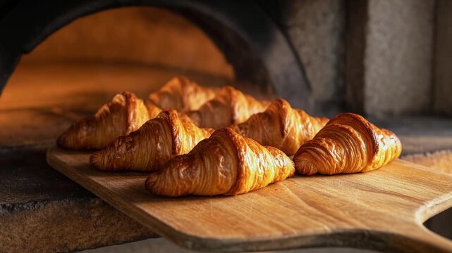 Delicious golden brown croissants steaming on a wooden peel being taken out of a traditional hot stone oven. Authentic bakery scene showcasing the art of baking fresh, flaky, and buttery pastries
