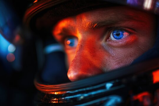 Intense close-up portrait of a race car driver with striking blue eyes illuminated by vibrant red and blue lighting inside a racing helmet during competition prepara