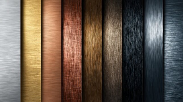 Collection of textured metallic surfaces in various warm and cool tones including silver, gold, copper, bronze, and dark brushed finishes arranged vertically in stri