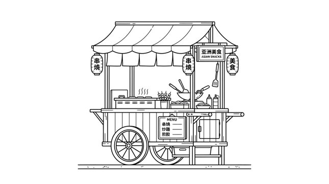 Street food vendor cart with cooking utensils and menu board on wheels outside