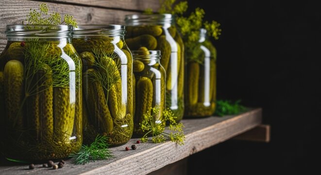 Homemade pickled cucumbers in glass jars on a rustic wooden shelf, evoking a sense of tradition and freshness