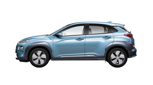 Light blue electric crossover SUV car with dark grey wheel arches, isolated on transparent background