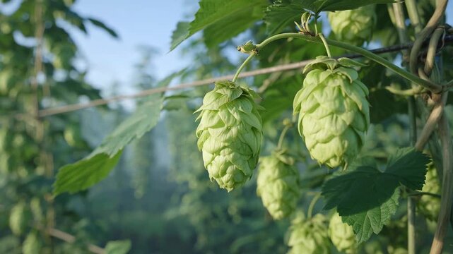 Close up of ripe hop cones growing on a lush vine in a plantation field during a sunny morning, showcasing the main ingredient for craft beer brewing and the agriculture industry