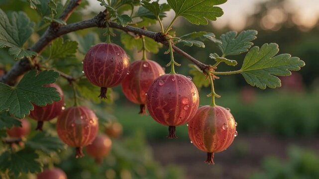 Close up of fresh, ripe red gooseberries covered in morning dew drops hanging from a branch in a garden. The lush green foliage and warm sunlight create a serene, natural atmosphere