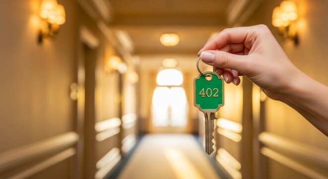 Hand holding hotel room key 402 in a luxurious, softly lit hallway, evoking warmth and anticipation