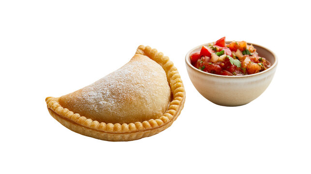 Golden baked empanada dusted with powdered sugar, served with a bowl of fresh tomato salsa isolated on transparent background