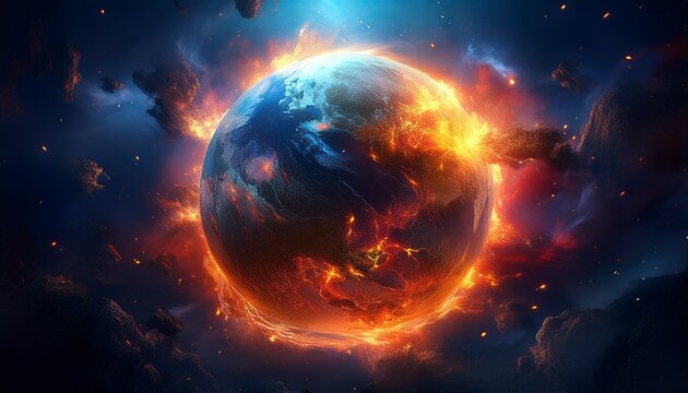 burning earth planet apocalypse fire space galaxy destruction climate disaster flame atmosphere glow night universe cosmos nebula star orbit