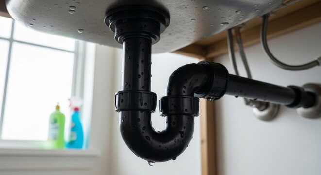 Close-up of a wet black plastic siphon drain pipe assembly under a sink, showcasing plumbing details and infrastructure