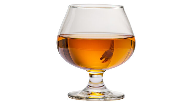 Clear glass brandy snifter filled with amber liquid, isolated on transparent background