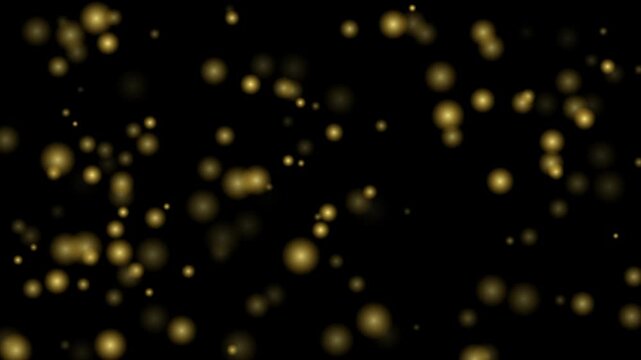 Floating golden bokeh particles on animation 4k black background, abstract luxury light overlay for motion and visual effects