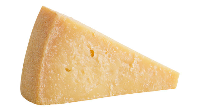 Wedge of aged hard yellow cheese with small holes, isolated on transparent background