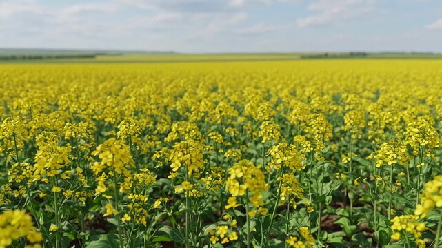 Blooming rapeseed flowers swaying gently in the breeze on a sunny day in a beautiful agricultural countryside. The vibrant yellow field stretches to the horizon under a cloudy blue sky