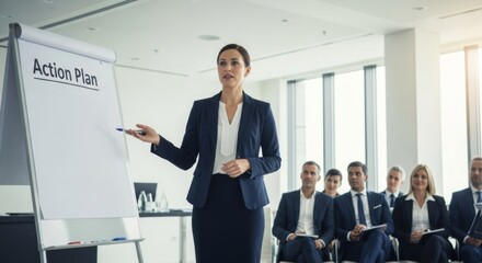 Fototapeta premium Confident businesswoman presenting an action plan on a flipchart to seated colleagues in a modern office