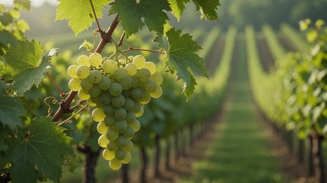 Beautiful bunch of ripe white grapes hanging on a vine, gently swaying in the sunlight with rows of a lush green vineyard creating a scenic perspective in the blurred background
