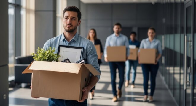 Sad man carrying box of personal items leaving office during mass layoffs, colleagues follow behind