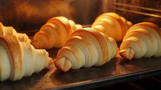 Fragrant, flaky croissants baking on a tray inside a professional oven, turning golden brown as they rise beautifully, representing the art of french pastry and fresh morning breakfast preparation