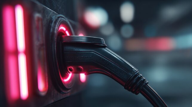 Electric vehicle charging connector plugged in with glowing red led lights at night in futuristic urban setting with bokeh background and industrial texture