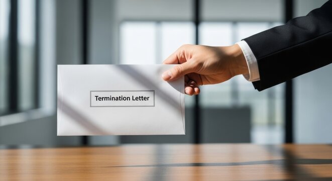 Hand in a suit offers a termination letter envelope in a modern office setting, symbolizing employee layoff and corporate restructuring.