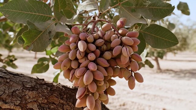 Close up view of a large cluster of fresh pistachios ripening on the branch of a tree, gently swaying in a sunny orchard with a blurred agricultural background and dry soil