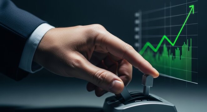 Businessman's hand adjusting lever to boost upward trending business growth graph, symbolizing management success and strategy
