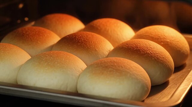 Fresh homemade bread buns baking on a tray inside a hot oven, rising and turning golden brown during the cooking process. A close up view capturing the delicious transformation of the dough