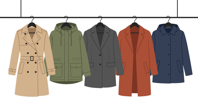Collection of stylish autumn winter coats hanging on a rack for sale or display