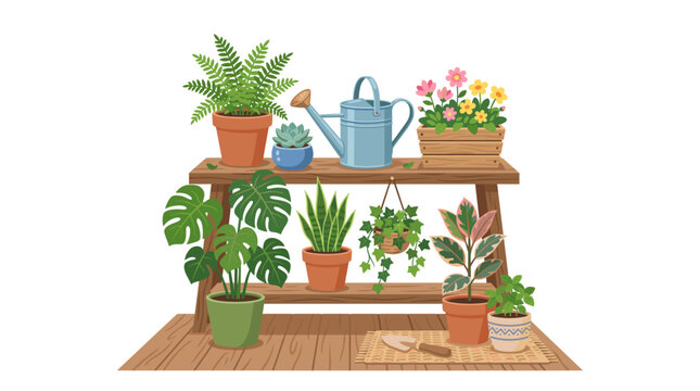 Collection of potted houseplants and gardening tools on a wooden shelf