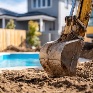 Excavator bucket digging and moving soil at a residential backyard pool construction site on a sunny day with house in background