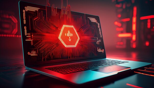 cyber security alert digital warning system error malware threat red interface laptop keyboard cyber attack data breach cyber crime chaos digital
