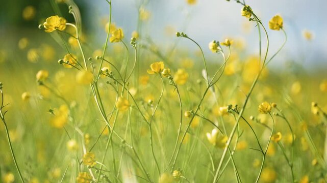 Meadow buttercup Ranunculus acris flowers creating dreamy summer meadow background