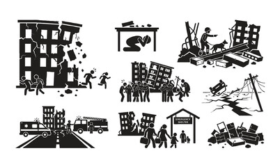 Obraz premium Earthquake natural disaster city destruction silhouette vector illustration