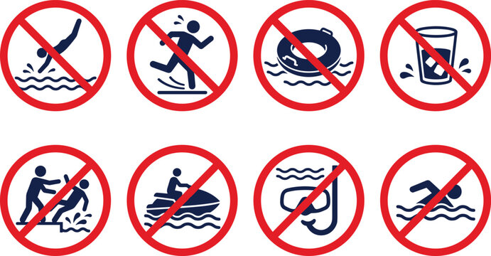 Water Safety Prohibition Icon Set with No Diving Swimming Running Jet Ski and Snorkeling Symbols for Pool Beach and Signage Designs