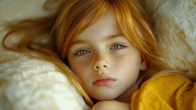 Close-up portrait of beautiful young girl with natural red hair, piercing green eyes, and freckles, captured in soft, dreamy, and peaceful moment of calm reflection.