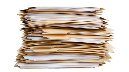 Tall stack of manila file folders with documents, isolated on transparent background