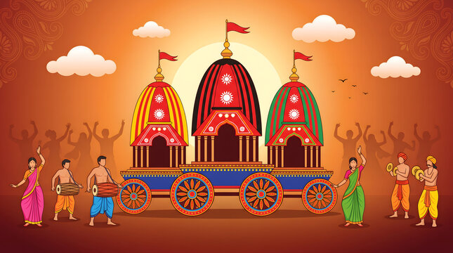 illustration of three colorful temple chariots with dancer and musician celebrating hindu festival at sunset scene