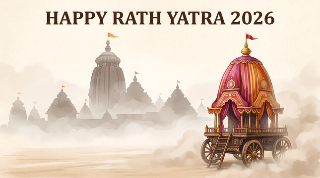happy rath yatra 2026 heading over watercolor scene of ornate chariot standing near misty temple towers