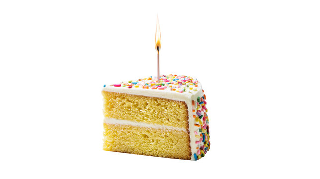 Slice of yellow birthday cake with white frosting and colorful sprinkles lit candle, isolated on transparent background