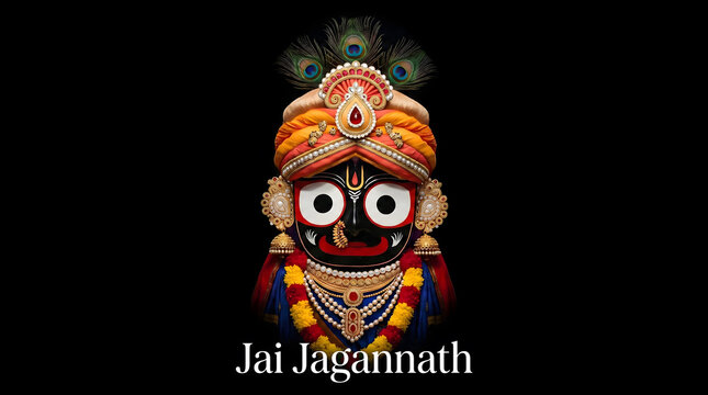 closeup portrait of jagannath deity face with peacock feather crown and jewelry on black background scene