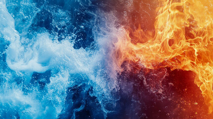 Naklejka premium Abstract Dance of Elements: Intense Blue Water and Frothy Splashes Merge with Vibrant Orange and Red Flames, Creating Dynamic Background of Contrasting Forces and Energies